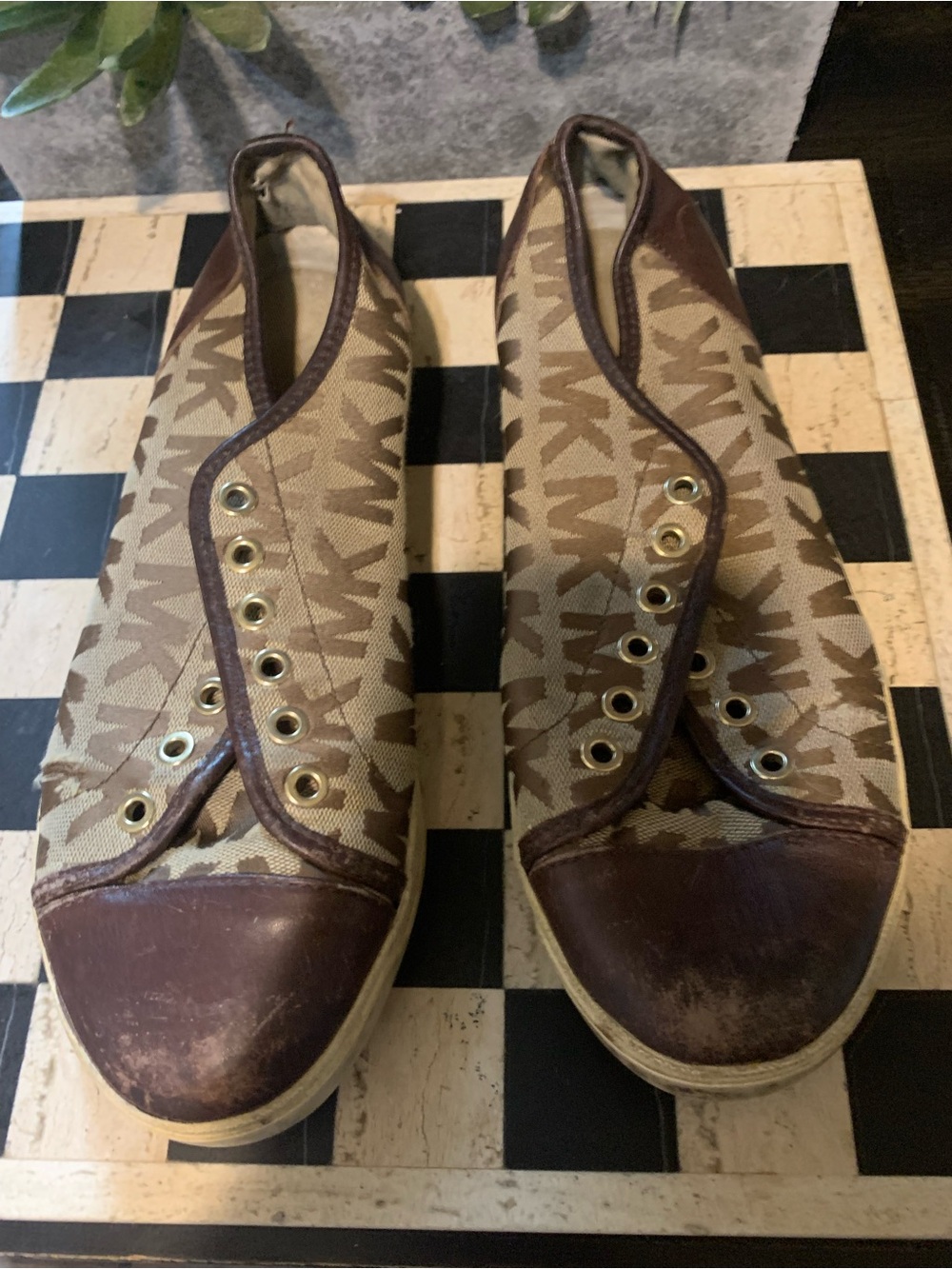 Michael Kors Tan and Brown Monogram Slip-On Sneakers